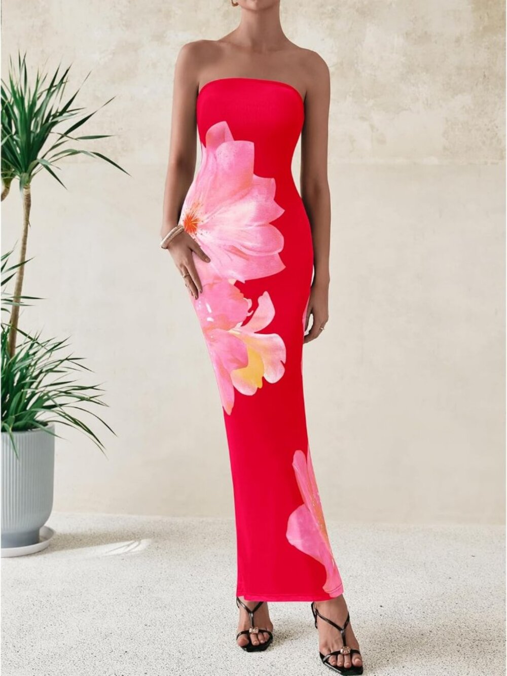 Women's Sexy Black/Pink Floral Strapless Tube Long Bodycon Maxi Club Party Dress - Picture 2 of 6